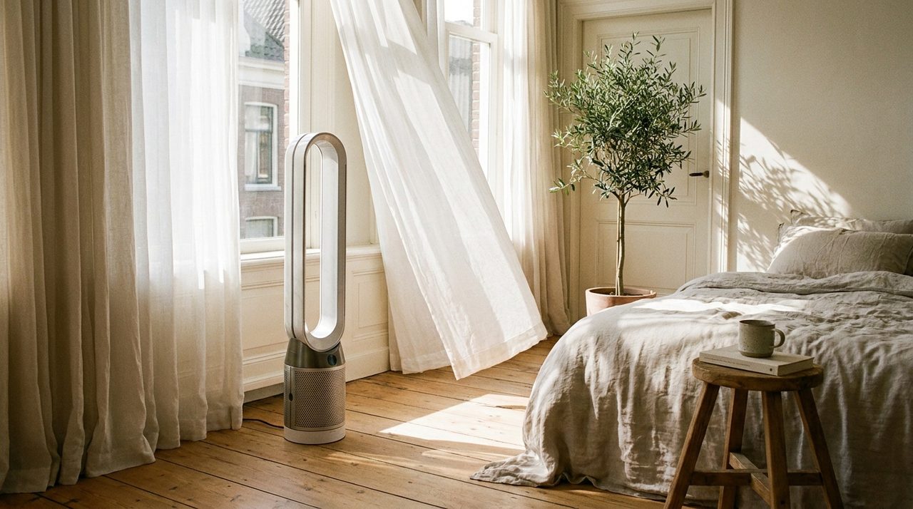 Torenventilator in een lichte Nederlandse slaapkamer op een zomerochtend